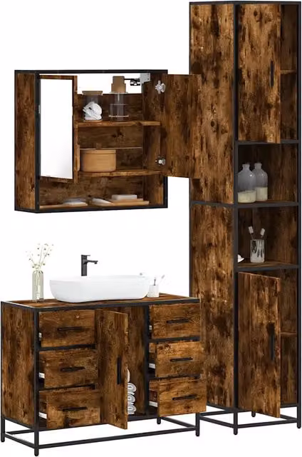Set Mobili da Bagno 3 pz Rovere Fumo in Legno Multistrato 3301112