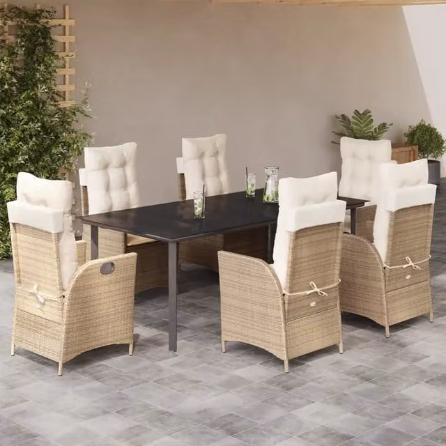 Set da pranzo da giardino vidaXL in polyrattan con cuscini beige e tavolo in vetro per esterno – 1