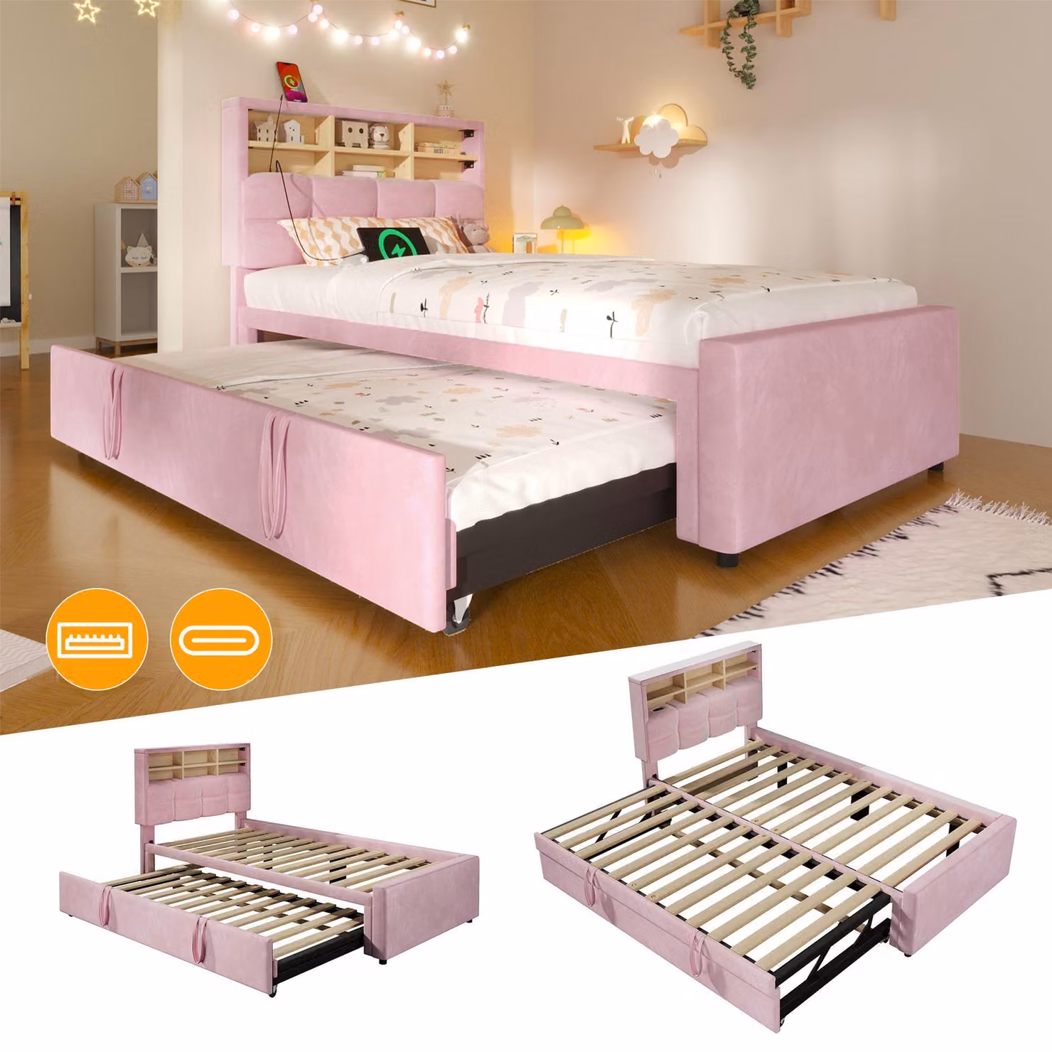 Letto imbottito Merax, modello divano letto, 90 x 200 cm, con letto estraibile fino a 180 x 200 cm, dotato di porte USB-A e USB-C, vano contenitore e rivestimento in velluto. Ideale come letto per bambini o divano letto. Colore: rosa