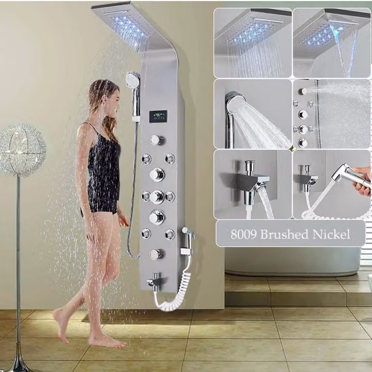 Pannello doccia LED 8009 - Colonna doccia - 6 funzioni: doccia a pioggia e cascata - Getto massaggio con doccetta manuale - Bocchetta per vasca - Illuminazione LED blu - Montaggio a parete, finitura in nichel spazzolato