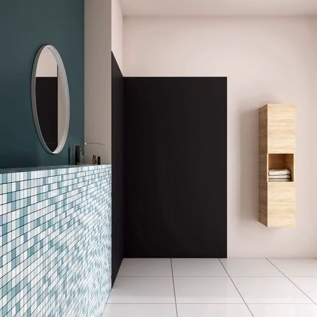 H.210 cm Pannello Doccia ad Angolo 90x120 cm Realizzato in Alluminio da 3 mm con Profili Finitura Nero Opaco per Rivestimento Parete Bagno