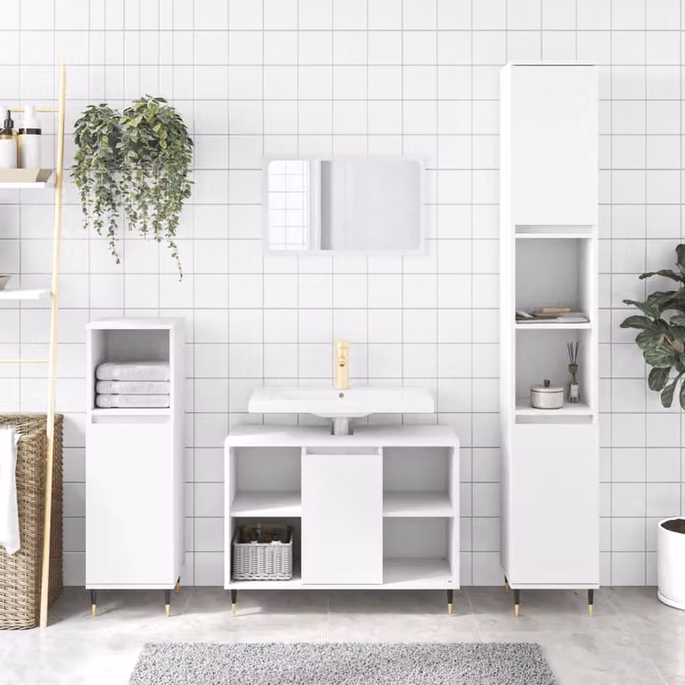 Set di mobili da bagno moderno vidaXL in 3 pezzi bianco in legno e metallo