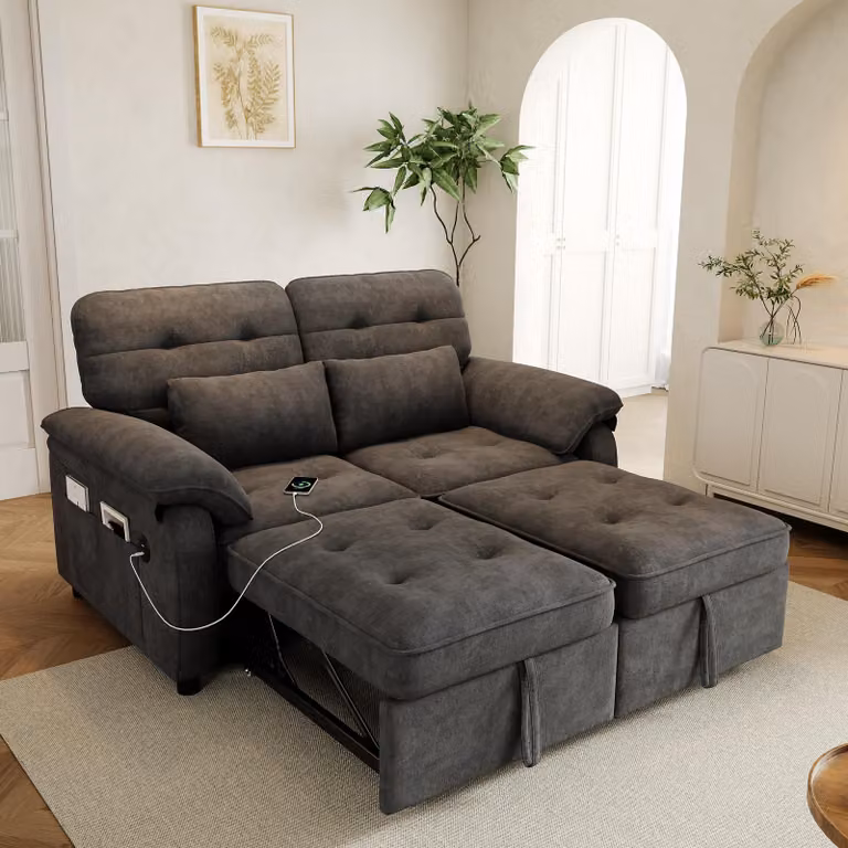 okwish, letto pieghevole multifunzionale a due posti con schienale regolabile, divano relax con 2 cuscini, divano per soggiorno con porte USB e Type-C, tessuto chenille, grigio
