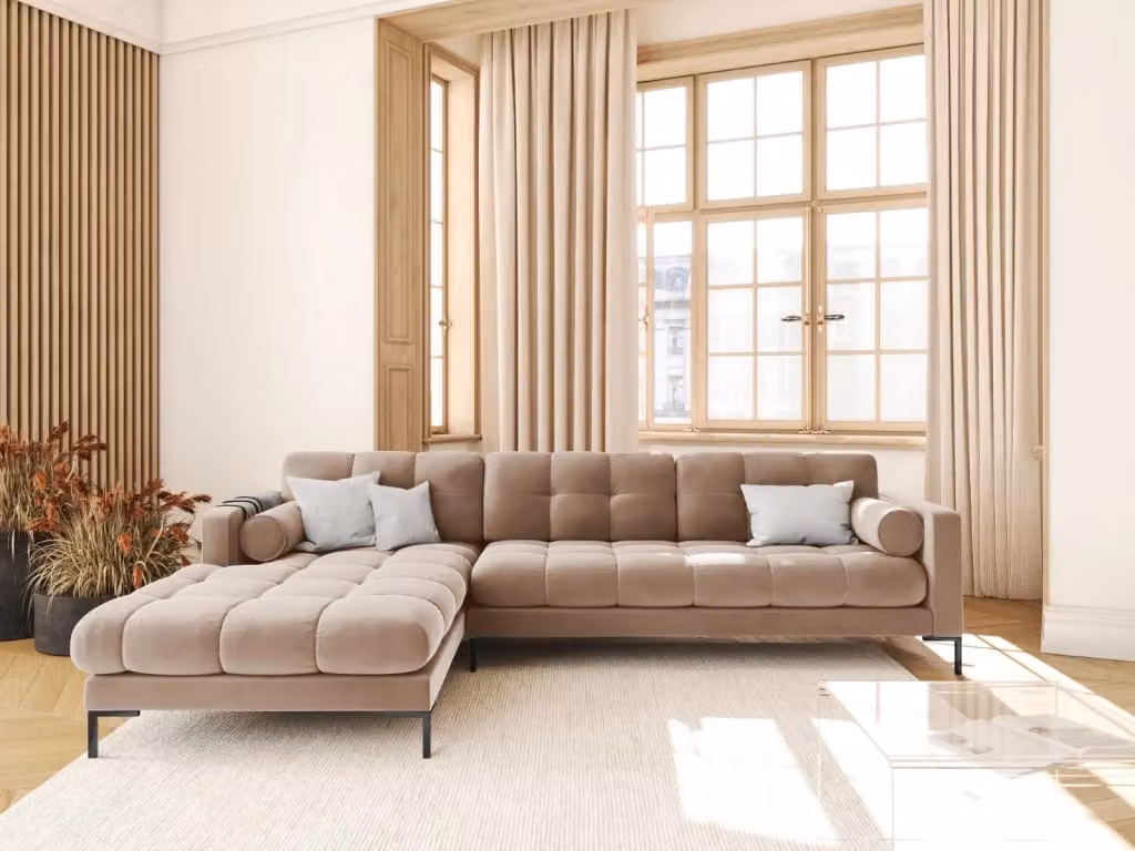 Divano angolare sinistro Bali di Cosmopolitan Design in velluto beige per 5 persone con struttura in metallo e cuscini inclusi L/P/H: 293 x 105 x 75 cm – 2
