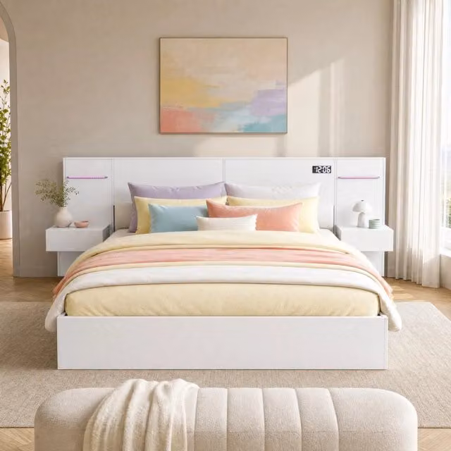 Letto moderno REDOM in MDF bianco con 2 comodini e porta USB, L/P: 180 x 200 cm