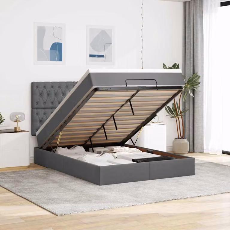 Letto con contenitore a sollevamento e materasso vidaXL in tessuto grigio e bianco, L/P/H: 200 x 140 x 28 cm