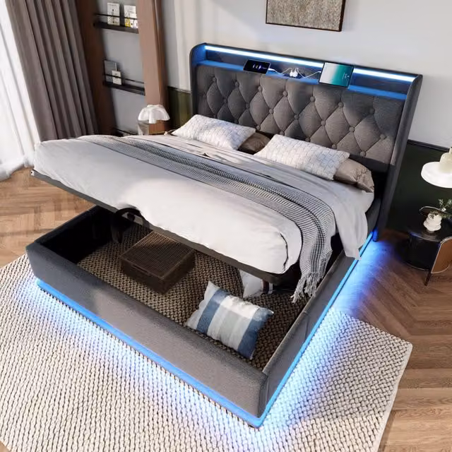 Letto con contenitore Mivray con testiera imbottita in lino grigio, illuminazione LED, ricarica USB e Type-C, L/P: 140 x 190 cm