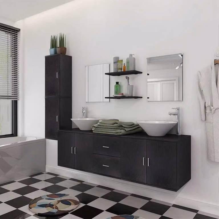 Set di mobili da bagno moderno vidaXL composto da 11 pezzi con armadietto a muro e mobile lavabo in nero, bianco e argento
