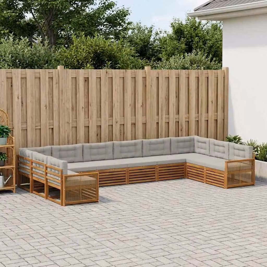 Set di divani da giardino vidaXL a forma di L in legno di acacia con cuscini, beige e grigio