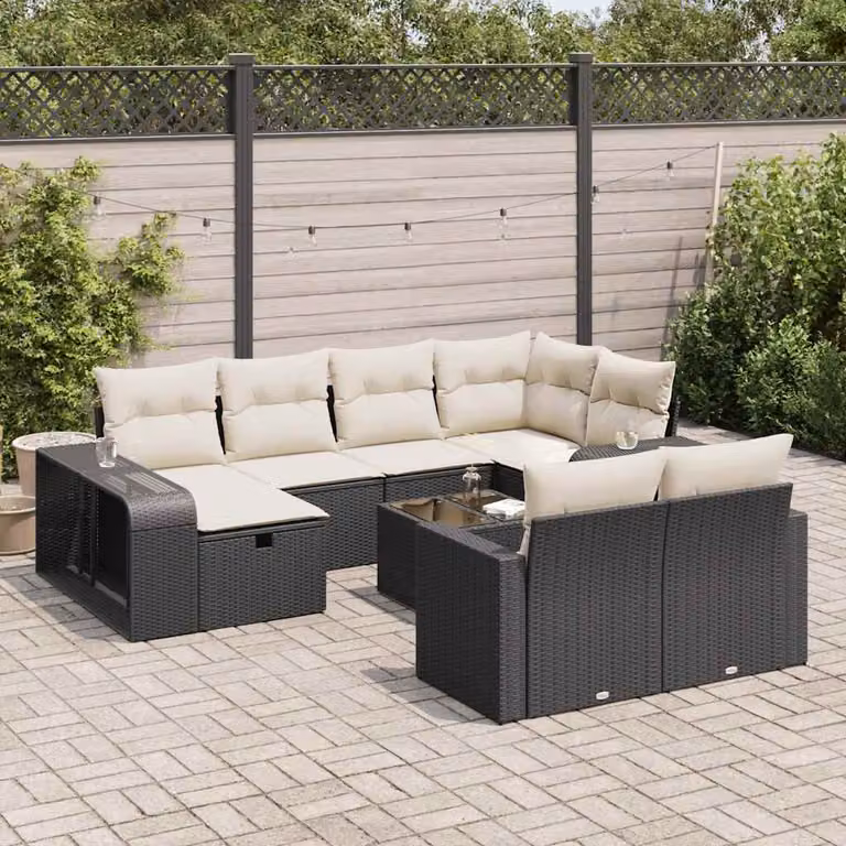 Set Divani da Giardino vidaXL 11 pz a Forma a U con Cuscini in Polyrattan e Struttura in Acciaio Nero e Bianco