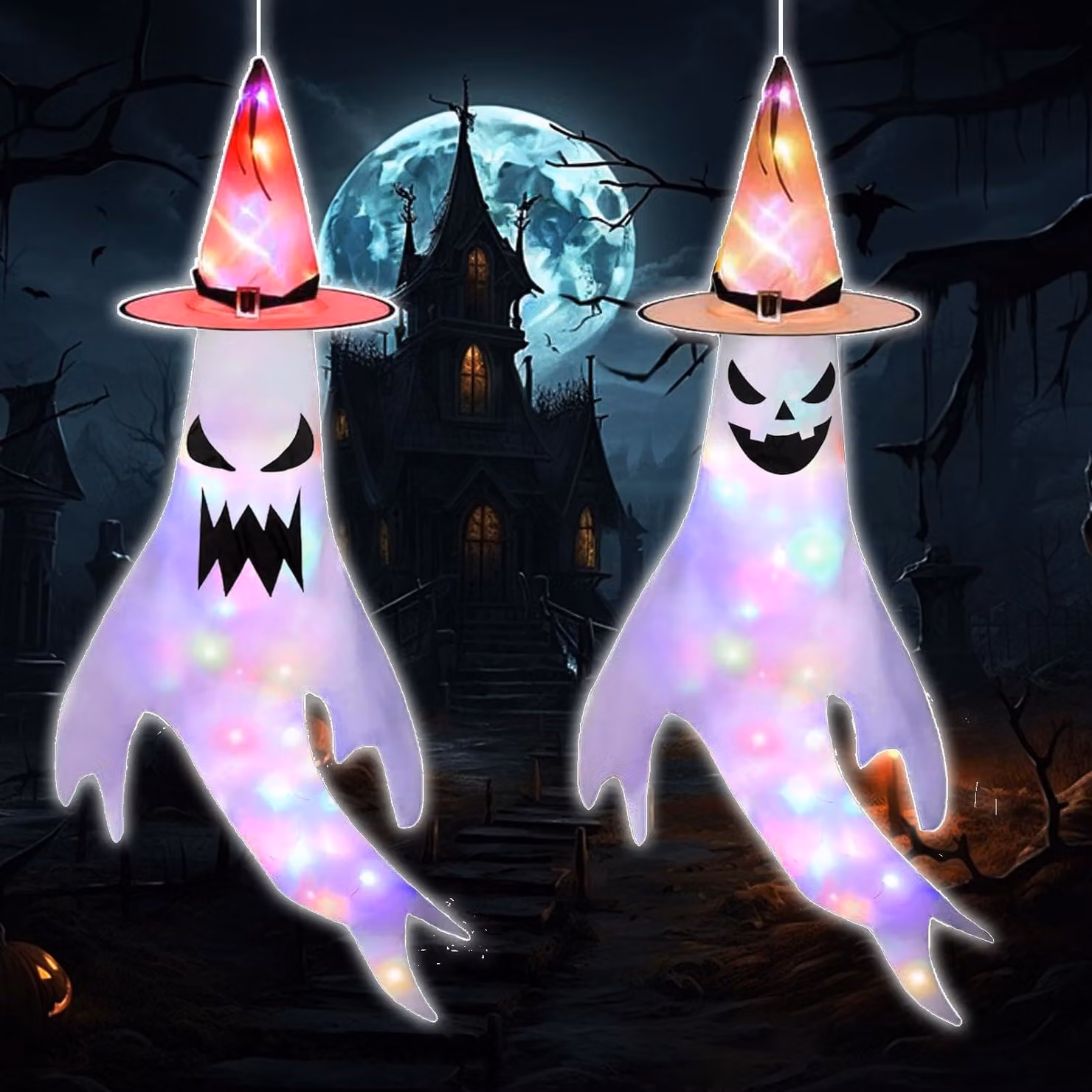 Set da 2 fantasmi per Halloween, decorazioni per esterni, con luci LED, in poliestere