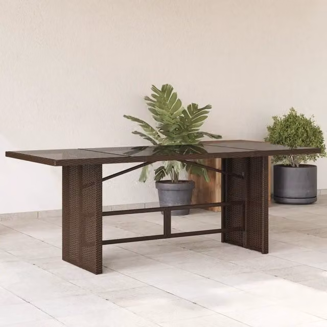Tavolo da giardino rettangolare vidaXL in polyrattan marrone con piano in vetro L: 190 cm, P: 80 cm, H: 74 cm