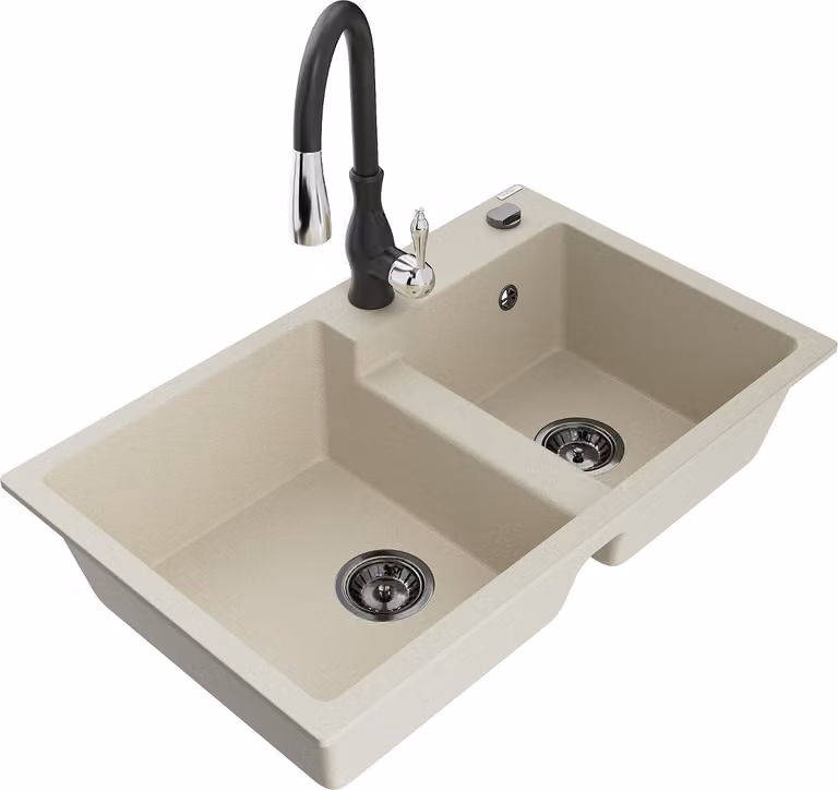 Mexen Tomas lavello in granito a 2 vasche con rubinetto da cucina Savita, beige - 6516-69-672601-70