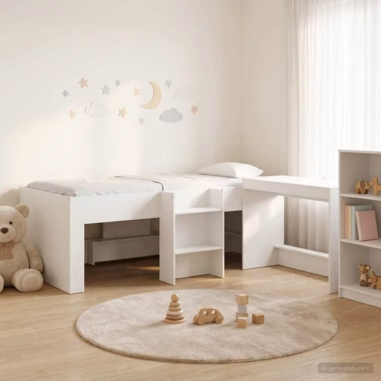 Letto alto per bambini vidaXL con scrivania e scomparti laterali, Bianco, L/P/H: 200 x 120 x 203 cm