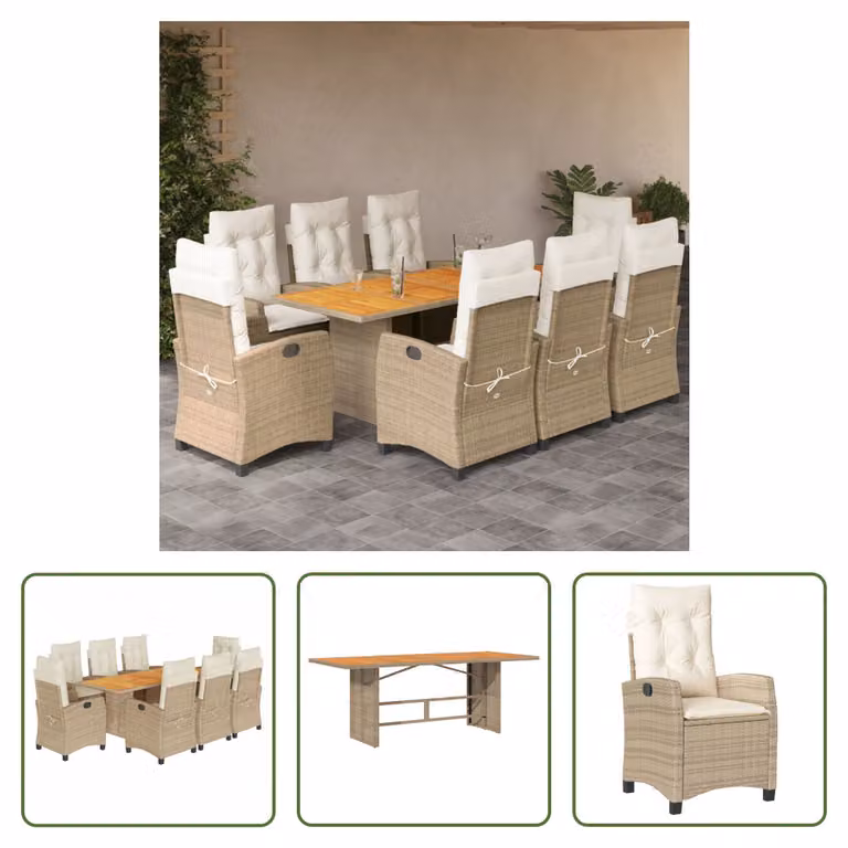 The Living Store Set da pranzo da giardino 9 pezzi con cuscini Beige poly rattan