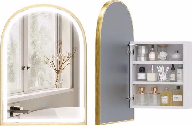 Armadietto a specchio da bagno Xylo con porta ad arco, illuminazione LED e funzione anti-appannamento, colore oro, L: 50 cm, H: 70 cm