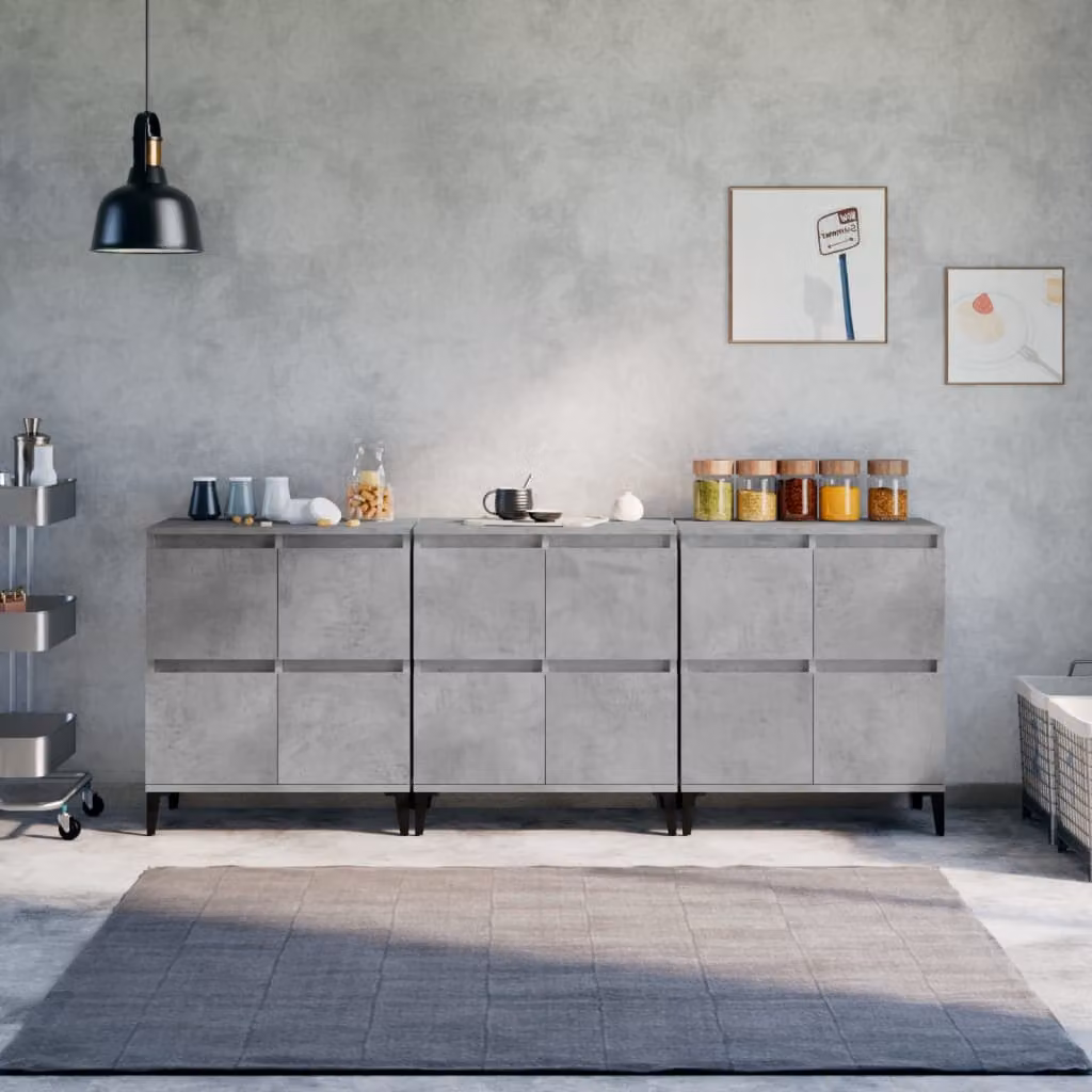 Set di 3 credenze vidaXL in legno multistrato e metallo, colore grigio cemento, L 60 cm x P 35 cm x H 70 cm