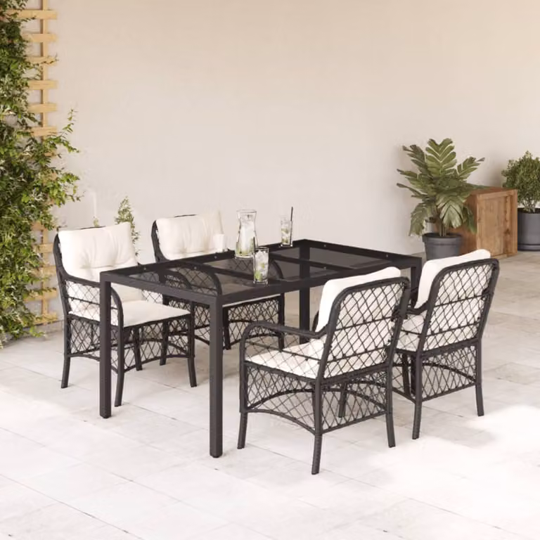 Set da Pranzo da Giardino vidaXL in Polyrattan Nero con Cuscini e Tavolo in Vetro