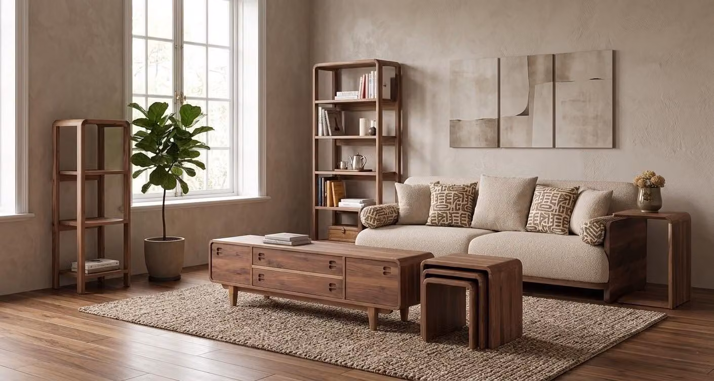 Divano a 3 posti, 3 tavolini, mobile TV, 2 librerie, stile moderno, colore marrone