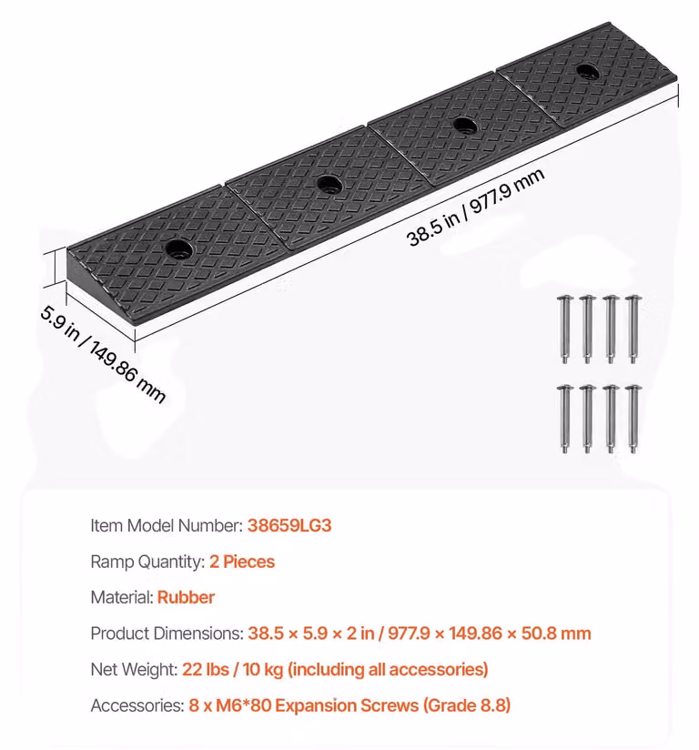 Rampa per marciapiedi, gomma resistente, compatibilità versatile, 38.6x5.9x2 pollici