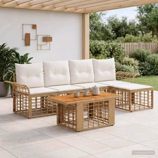 Set Divano da Giardino 6 pz Naturale e Bianco Crema polyrattan 3437974