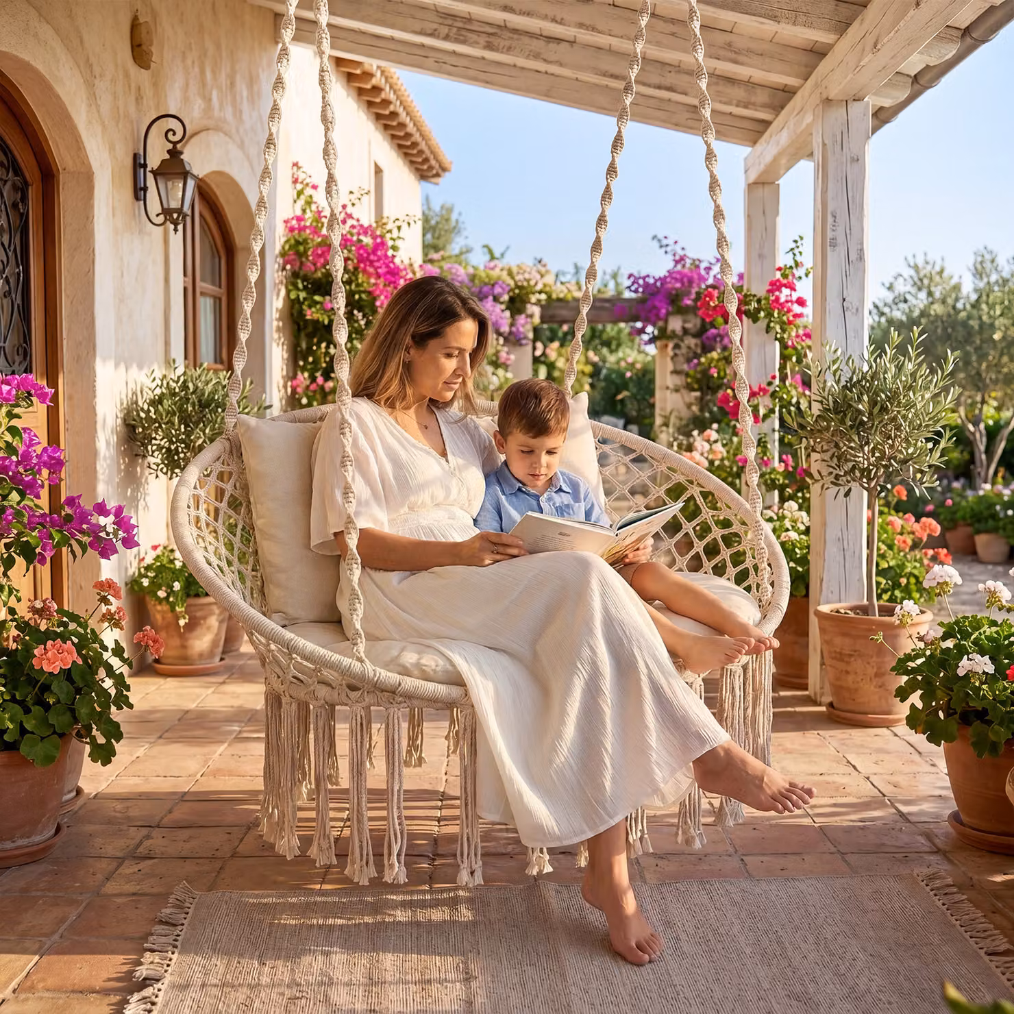 Costway Sedia a dondolo boho in rattan intrecciato a 2 posti con cuscini, beige e bianco