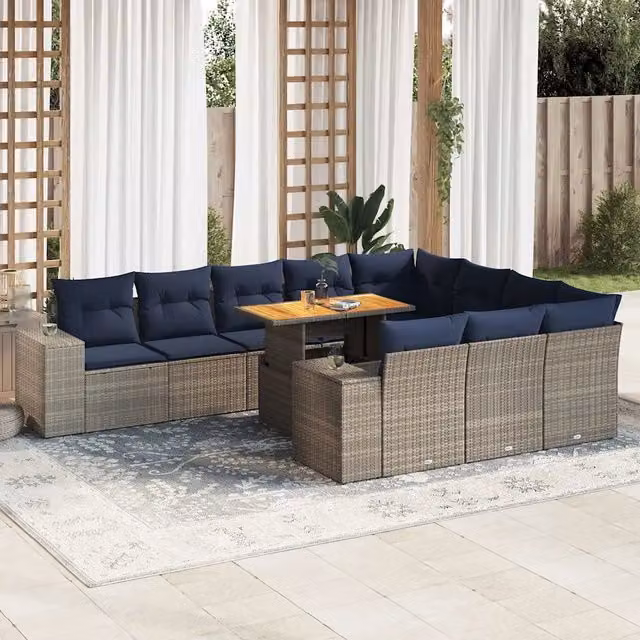 Set di Divani da Giardino a Forma di U vidaXL in Polyrattan Grigio e Blu con 11 Pezzi e Cuscini Inclusi – 1