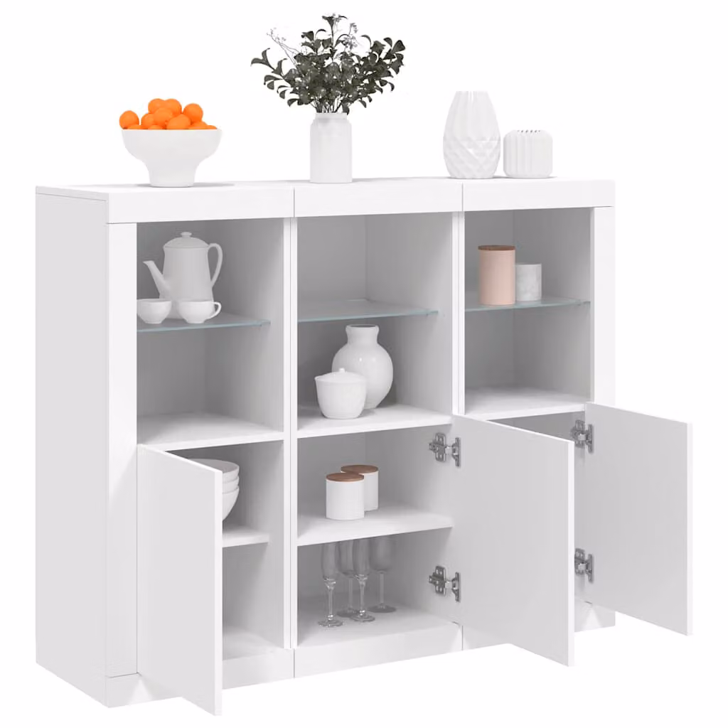 Set di 3 credenze moderne vidaXL con luci LED integrate in legno e MDF, colore bianco lucido, da appendere alla parete