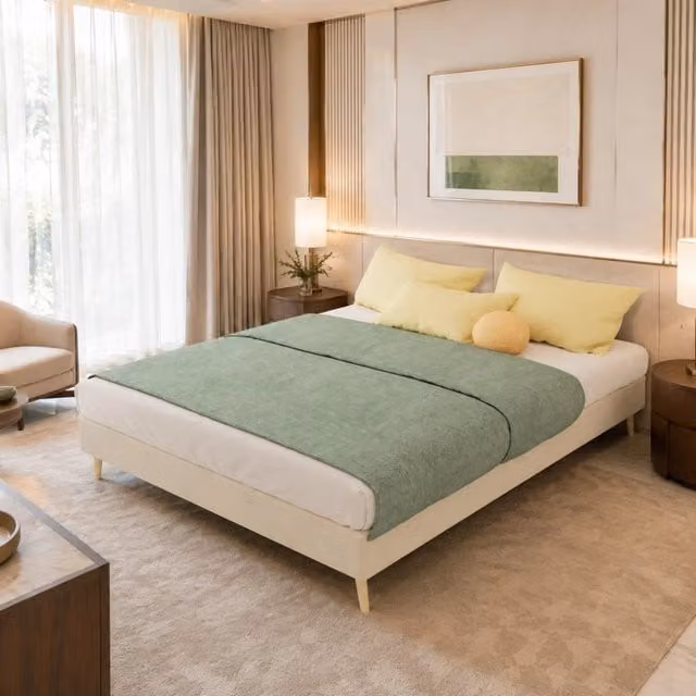 Letto Mivray con testiera alta in velluto beige e rete a doghe L/P: 140 x 200 cm