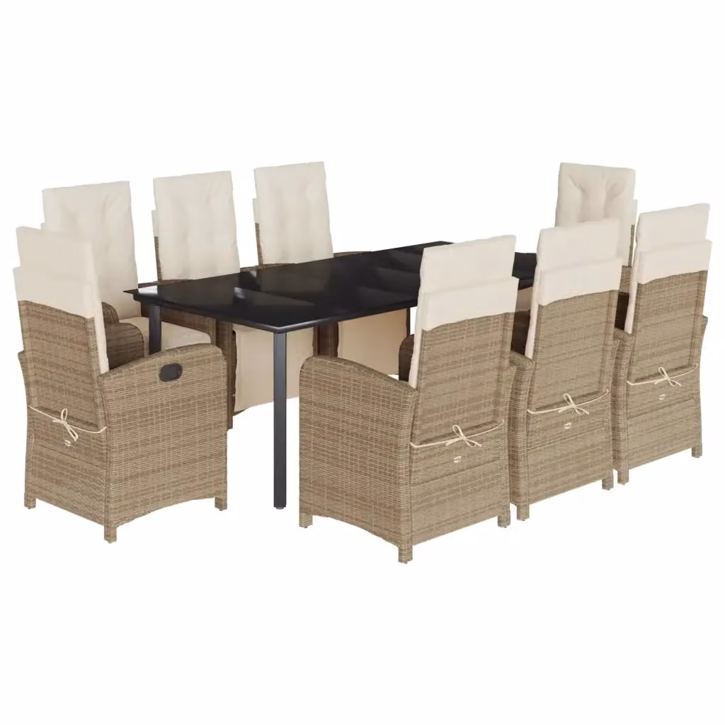 Set da pranzo da giardino vidaXL in polyrattan con cuscini beige e tavolo in vetro, 9 pezzi – 2