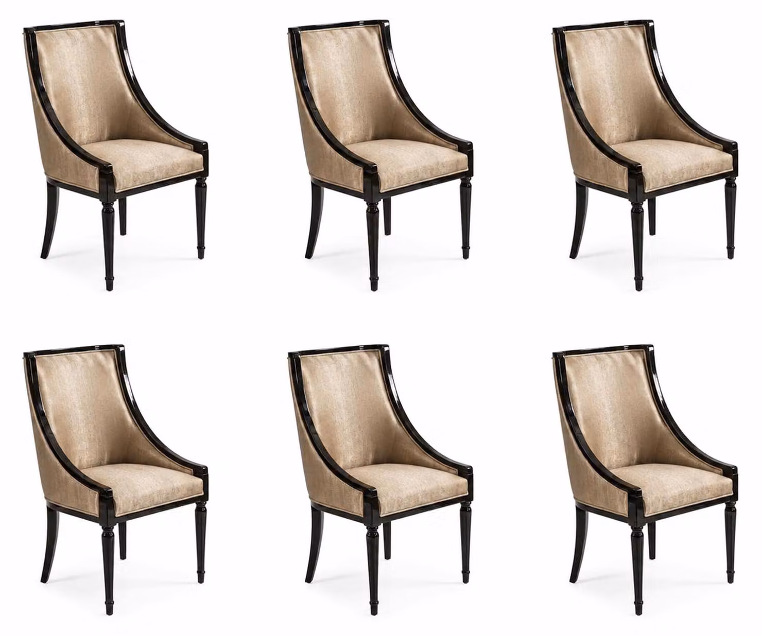 Set di sei sedie. Design elegante. Tessuto beige. Struttura in legno nero. Stile lussuoso