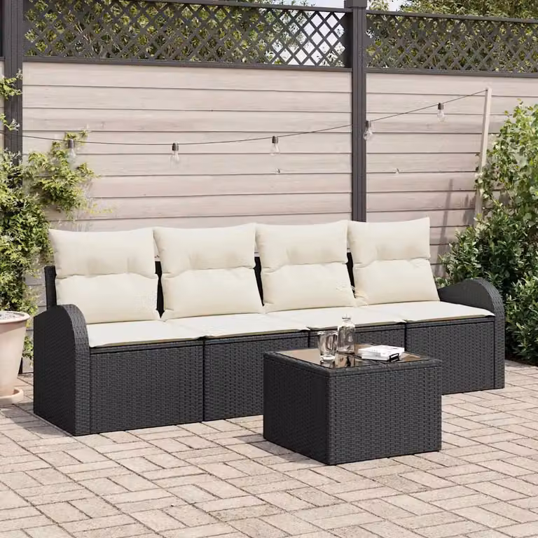 Set Divano da Giardino Moderno vidaXL Nero con Cuscini e Tavolino, Struttura in Acciaio e Polyrattan, L/P/H: 55 x 55 x 37 cm