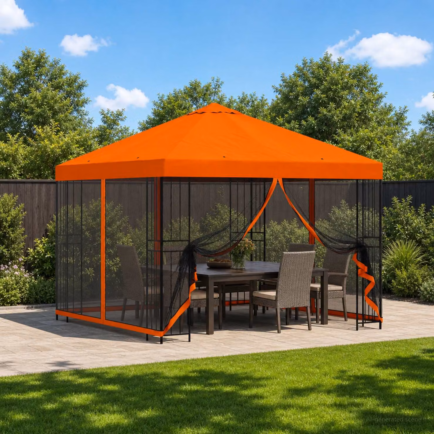 vidaXL Gazebo da giardino con pareti laterali in acciaio e poliestere Arancione L: 300 cm, P: 300 cm, H: 276,5 cm