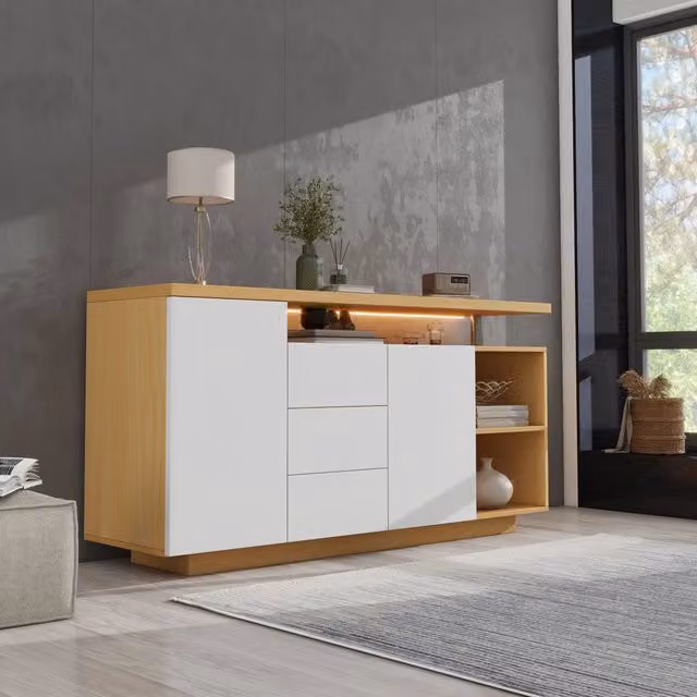 Credenza moderna WISHDOR con illuminazione integrata, bianco e beige effetto quercia, L: 140 cm