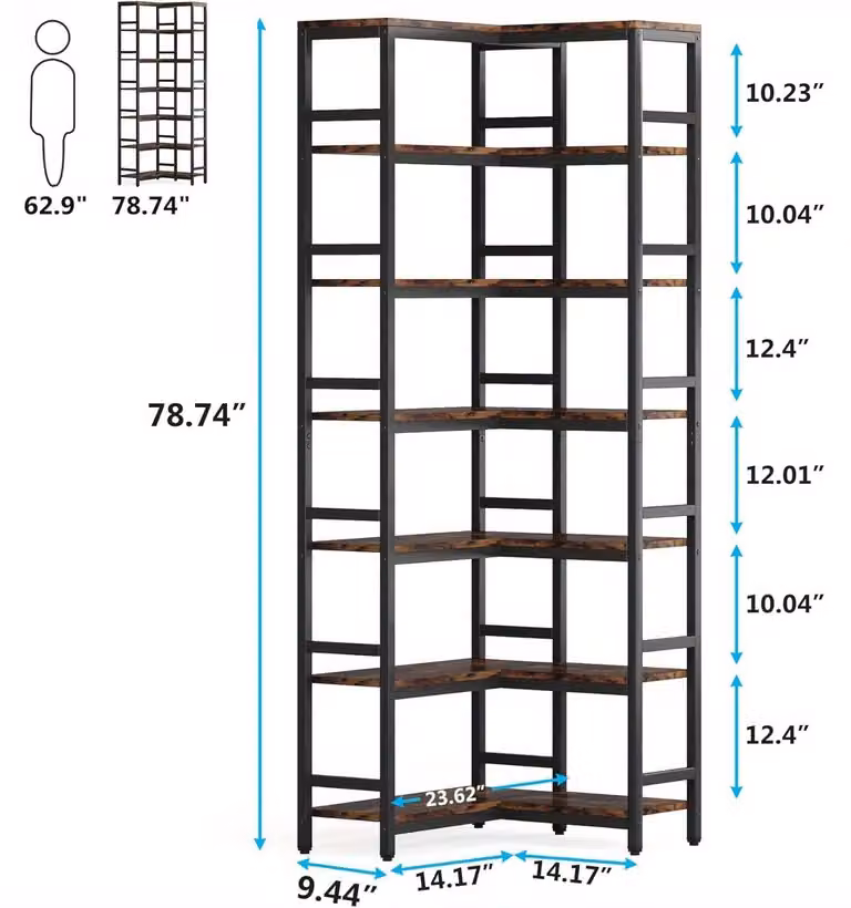 Libreria - Scaffale per libri - Mobile contenitore - Libreria a vani - Libreria angolare - 7 ripiani - Legno e metallo - Autoportante