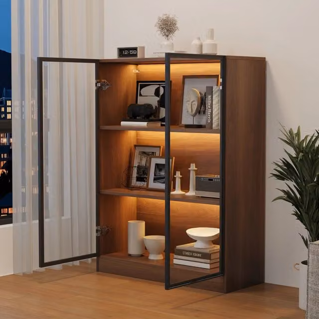 Vetrina LED monocolore con 2 ante in vetro e 3 ripiani, per soggiorno, noce naturale, 80 × 30 × 106 cm