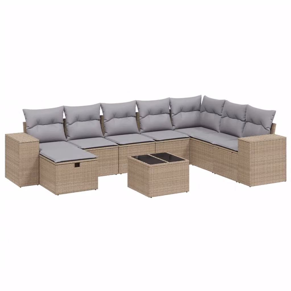 Set Divano da Giardino 9 pz con Cuscini Beige Misto Polyrattan