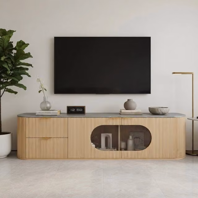 Cassettiera per TV KOMHTOM in MDF e vetro, stile minimalista, colori grigio e beige, L: 172 cm, P: 38 cm, H: 45,5 cm
