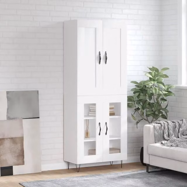 Credenza Buffet Armadio da Cucina Design Mania Bianca in Legno Multistrato con Ante in Vetro L: 69,5 cm, P: 34 cm, H: 180 cm – 1
