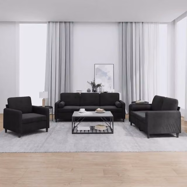 Set di divani 3 pezzi vidaXL in velluto nero con cuscini per soggiorno moderno – 1
