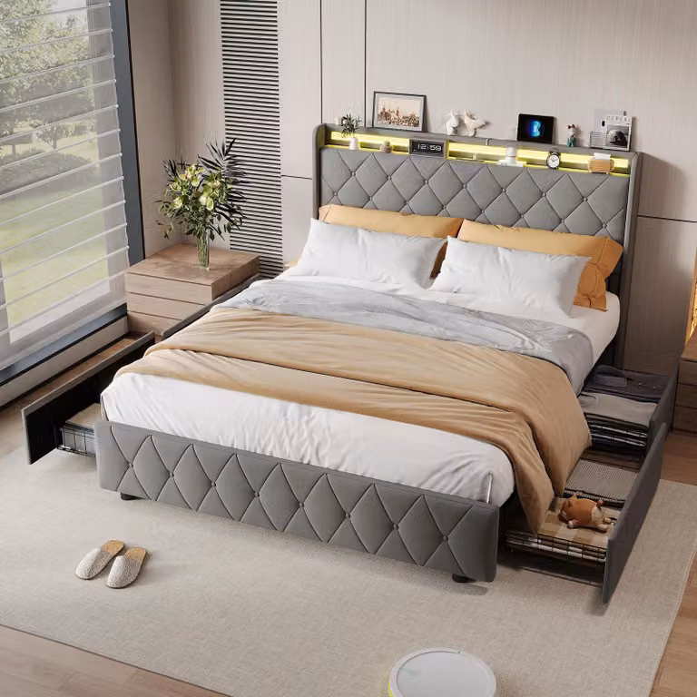 Letto imbottito 140x200 cm con 4 cassetti, testiera contenitore, illuminazione LED, porta USB e porta Type-C, rete a doghe, rivestimento in flanella grigio, senza materasso