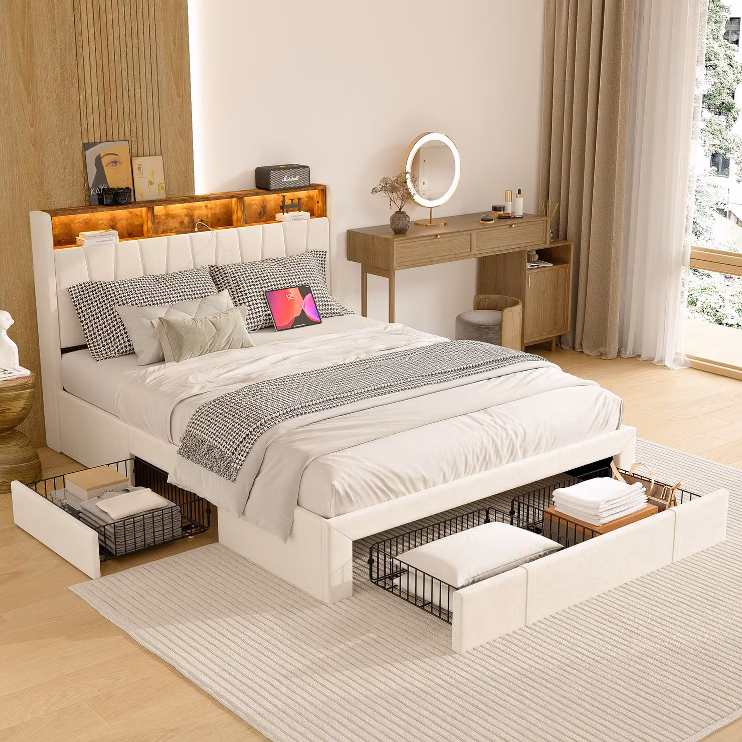CDGlobal letto imbottito letto matrimoniale 160x200, letto contenitore a LED letto giovanile con 4 cassetti, funzione di ricarica USB/Type-C, vano portaoggetti, letto funzionale struttura letto con rete a doghe in legno, cotone, beige