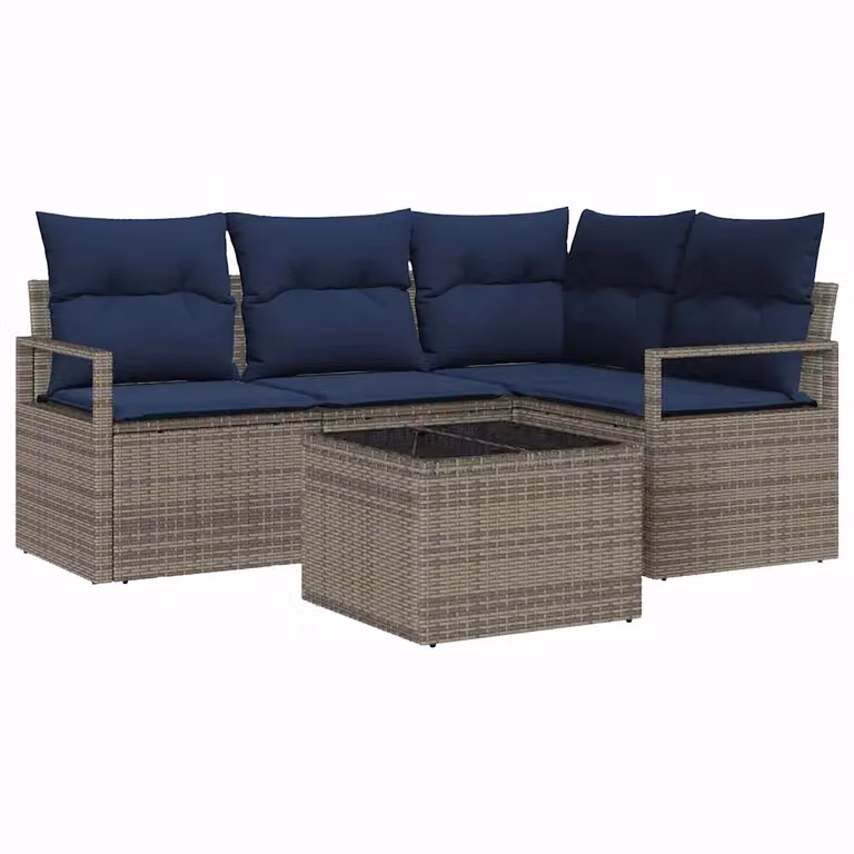 Set di divani da giardino a L vidaXL in rattan con struttura in metallo e cuscini blu e grigi