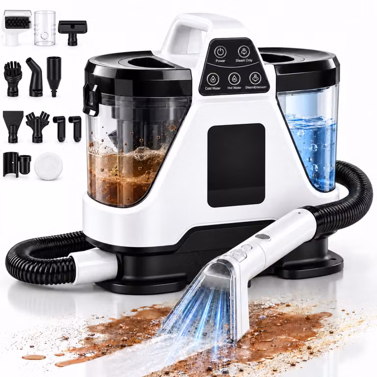 Pulitore a vapore per tappeti da 1850W, 16KPA, pulitore per imbottiti con serbatoio doppio da 1.6L/1.1L, 8 accessori, funzione di autopulizia, ideale per tappeti, divani e auto