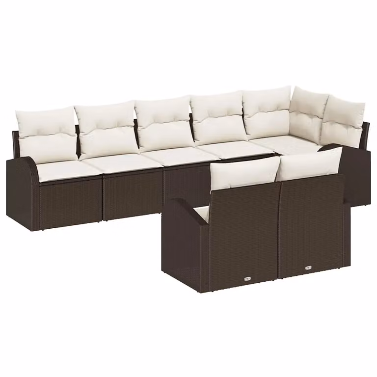 Set Divano da Giardino vidaXL 8 pz a Forma a L con Cuscini, Colore Marrone e Bianco, Struttura in Metallo e Polyrattan