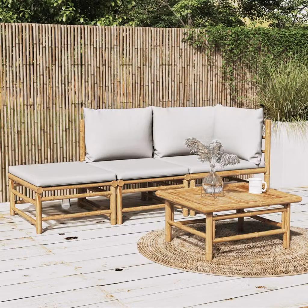 Set Salotto da Giardino vidaXL in Bambu con Cuscini Grigio Chiaro e Marrone