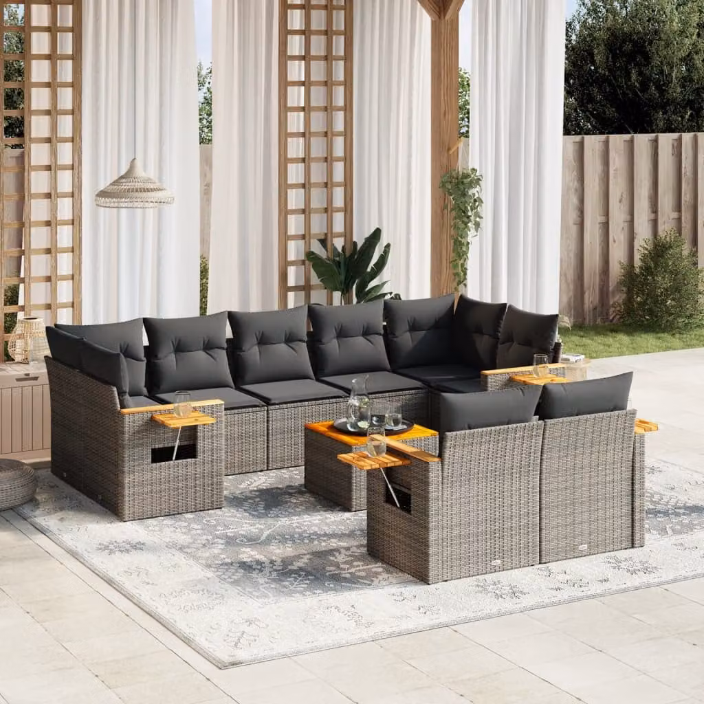 vidaXL Set Divano da Giardino 10 pz in Polyrattan Grigio con Cuscini e Tavolino da Caffè – 1