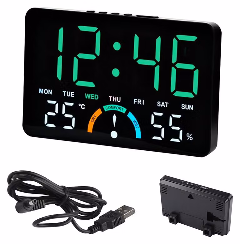 Orologio a muro LED con sveglia, indicatore di temperatura e data, dimensioni 16x10x3,3 cm, colore verde