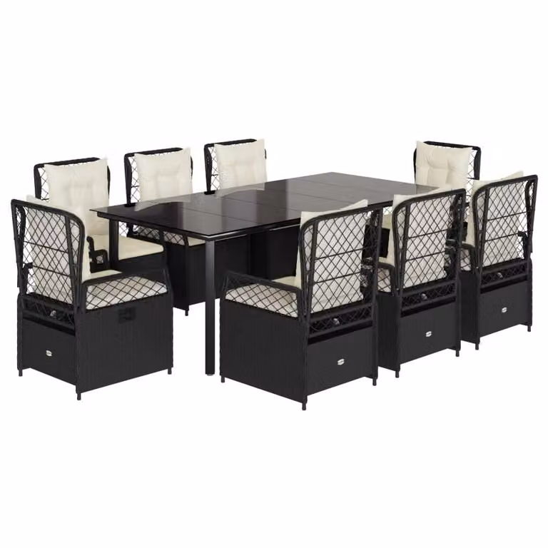 Set da Pranzo da Giardino 9 pz con Cuscini Nero in Polyrattan