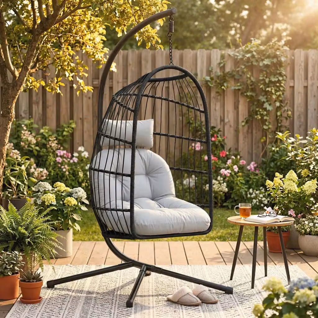 Sedia a Uovo Sospesa GIORDANOSHOP con Supporto e Cinghia di Sicurezza in Metallo e Polyrattan Nero e Grigio Chiaro L: 105 cm, P: 101 cm, H: 196 cm – 2